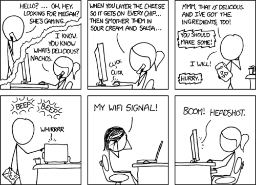 The blonde girl calls megan&rsquo;s boyfriend and convinces him to make some delicious nachos. However, he doesn&rsquo;t know that the blonde girl&rsquo;s real motive was to kill megan&rsquo;s wifi signal with the microwave he uses because they were playing a first person shooter video game against each other over the internet, and the blonde girl wanted to kill her.