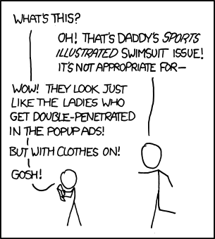 In this comic, a father and son have a comedically awkward conversation about pornography. An older father fears that his son will be exposed to pornographic material when an errant issue of the Swimsuit Edition falls into the child&rsquo;s hands. But a casual comment about hardcore sexual acts suggests that the son&rsquo;s internet habit has exposed him to an unexpected degree of pornography.

The Author is making a joke about how there is pornography on the internet.