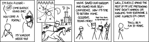 Much of what the Author strives to accomplish with his comic strip is to answer the question, &ldquo;but what if <geek fantasy/joke/concept> really happened?&rdquo; It&rsquo;s an important job, and one that he certainly does not take lightly. He stays awake until sunrise, scouring the web for your most crucial questions. Once found, he may spend weeks on end formulating the perfect answer. And he will find the answer. He toils for you, without payment or praise.
In this comic strip, the Author finally answers the question: &ldquo;what happens after the child finishes his heroes journey in a far-away fantasy land, and is transported back home?&rdquo; We have all begged for an answer to this question. We scream at our television sets as the credits roll after The Chronicles of Narnia or Peter Pan. &ldquo;What happens next!?&rdquo; we exclaim. Well the&nbsp;definitive&nbsp;answer is in: the child then leads a tortured, double life of denying the single greatest event of his existence or knowing those who love him do not believe him.