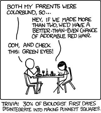 The author learned about or was reminded of Punnett squares, either from a biology student friend or Wikipedia, and decided to make a humorous comic strip on the subject. The format he eventually landed on was of the &ldquo;improbable human interaction&rdquo; variety, wherein the humor is derived from two-to-three people doing or saying something unrealistic.
This particular interaction involves two biologists on a first date who find themselves creating&nbsp;Punnett&nbsp;squares in order to determine the genetic traits of any children they would have if they were to mate. This is funny because you would not expect two adults on a first date to discuss having children, especially in such a clinical fashion.
Trivia: 97% of sex can be made more comfortable for geeks to discuss in the context of a science-related joke.