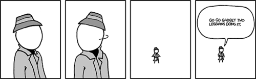 Here we see Inspector Gadget, the main character from the children&rsquo;s animated series of the same name that ran from the 80s through the 90s. One of the primary plot devices in the show was the Inspector calling out &ldquo;Go-Go Gadget …&rdquo; and the name of one of his many hidden gadgets to deploy (generally to ill effect).&nbsp;
In the Author&rsquo;s version of the kid&rsquo;s show, Inspector Gadget deploys an entirely different kind of object: two women engaging in sexual intercourse. Due to the caution and secrecy by which he summons these lesbians, it is clear that it was done for reasons of sexual pleasure. We can imagine a fifth panel in which Inspector Gadget is hunched over the two women, breathing deeply and convulsing as he masturbates through his open trench coat.