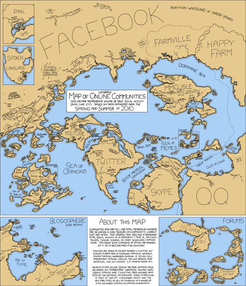 An updated version of the Map of Online Communities - a visualization of the size and relationships between various web communities.&nbsp;
This otherwise useless data is visualized as a map for a good reason. It is meant to convince those that spend a majority of their lives online that the communities they belong to actually matter, like actual geographic locations. It is meant to give meaning to otherwise meaningless lives.